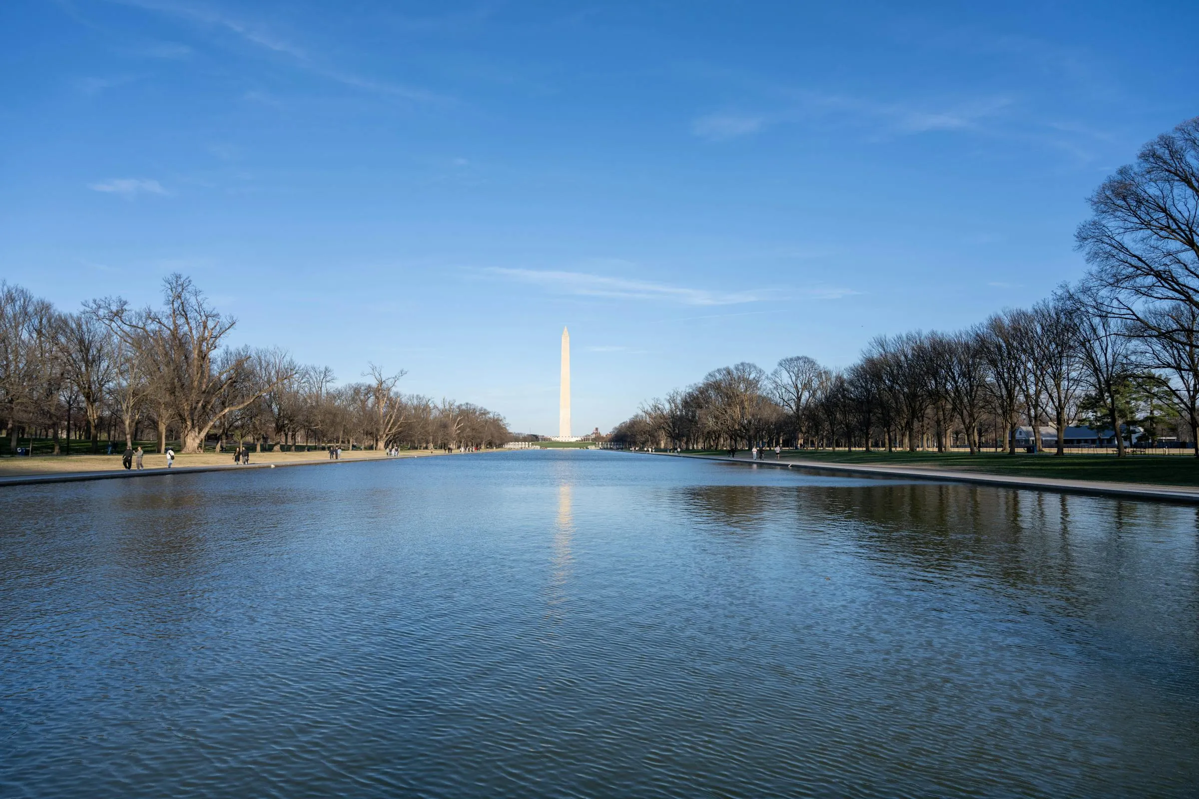 National Mall reflecting pool with Washington Monument on a half-day private DC limousine tour