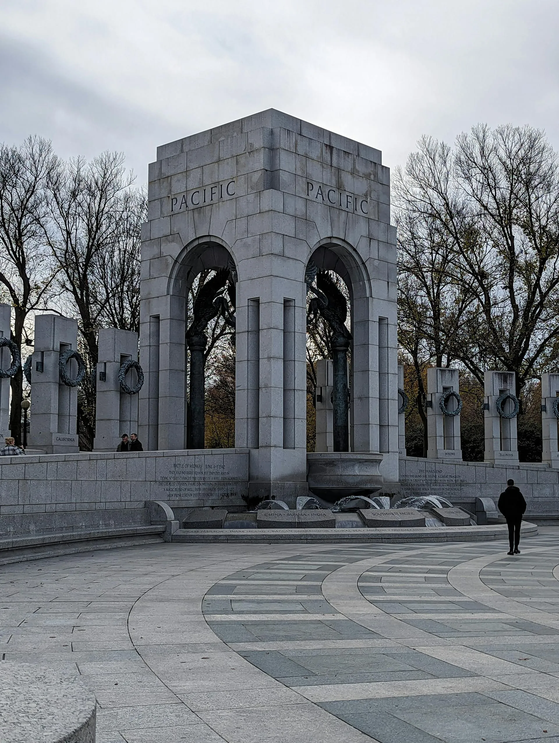 World War II Memorial pillars on a private armed services memorial tour of Washington DC